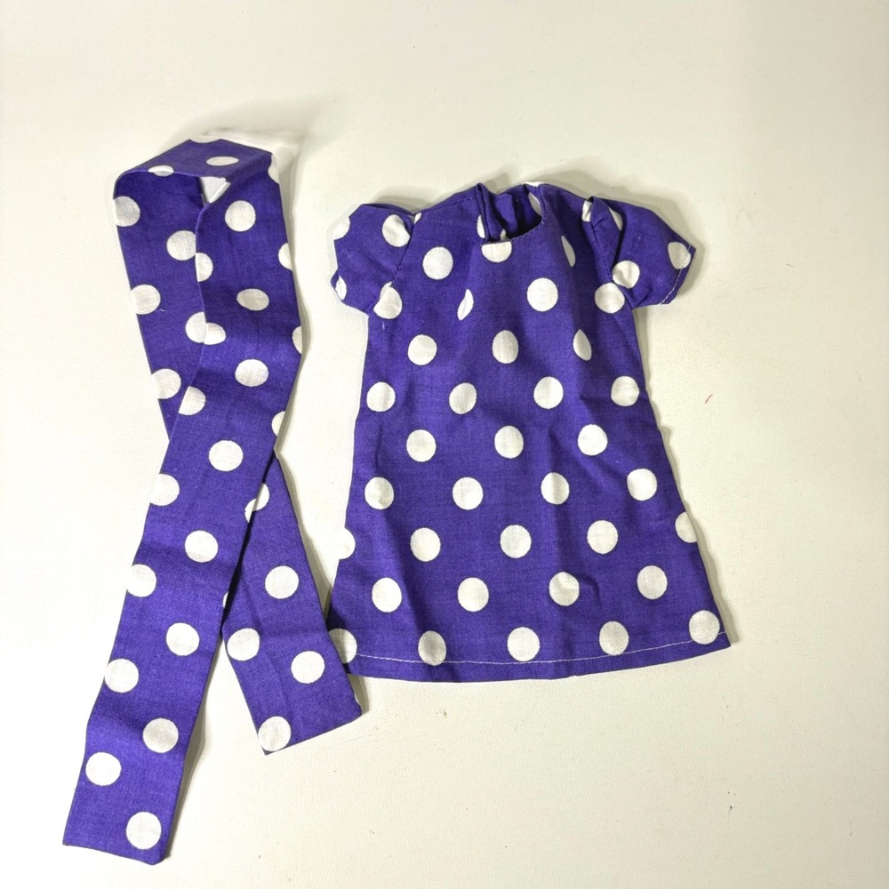 Handmade Purple Polka Dot Doll Dress and Hair Ribbon Set for 14 Inch Dolls